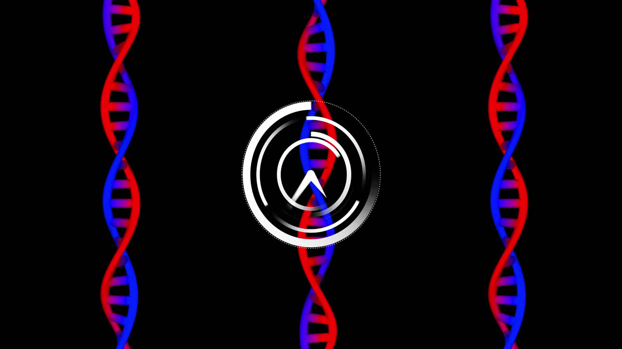 animación de un reloj que se mueve sobre cadenas de adn sobre un fondo negro