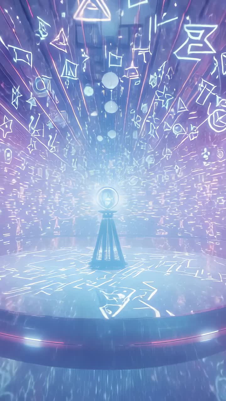 Vertical video: Pastel beams descending initiating orb glowing in gallery, showing neon projections