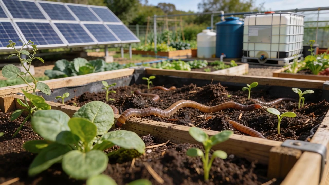 Camera shifting, earthworms sliding into potting soil in wooden planter, burrowing among seedlings