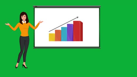 a smart casual dressed business lady, marketer, trainer or team leader infographic animation talking on a green screen showing a rising graph on white board