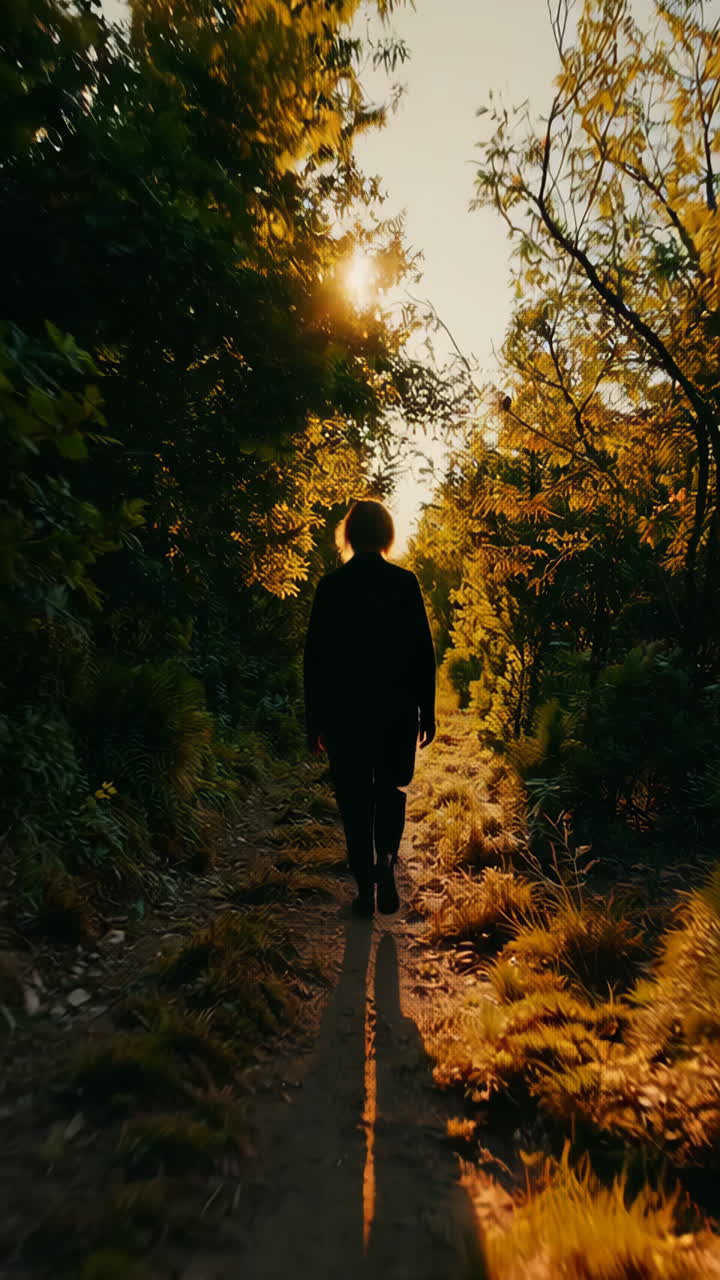 Person Walking Through a Forest Path at Sunset