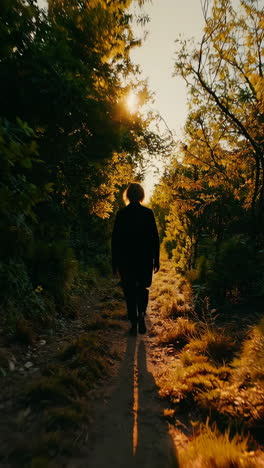 person walking through a forest path at sunset