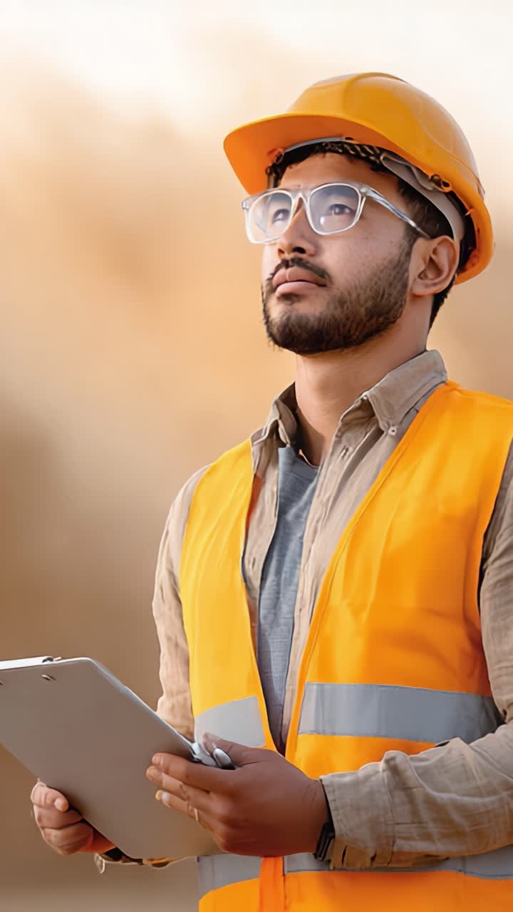 Obrero de la construcción seguro de sí mismo, con equipo de seguridad y portapapeles, observando las condiciones de la obra, demostrando responsabilidad y preparación sobre el terreno