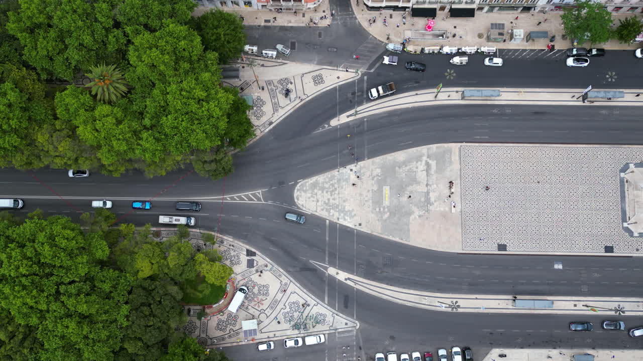 Top down aerial above the Restauradores Square and Avenida da Liberdade in Lisbon