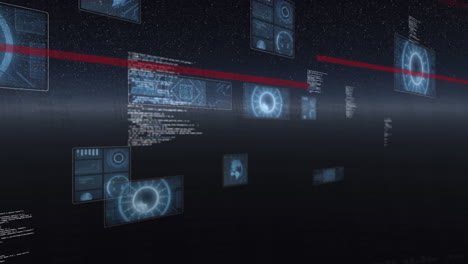 Animation of screens with round scanner and data processing against space