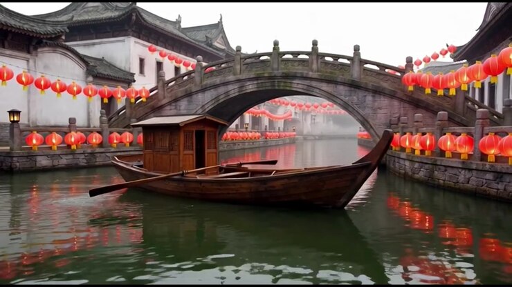Bateau en bois traditionnel naviguant à travers une pittoresque ville d'eau chinoise