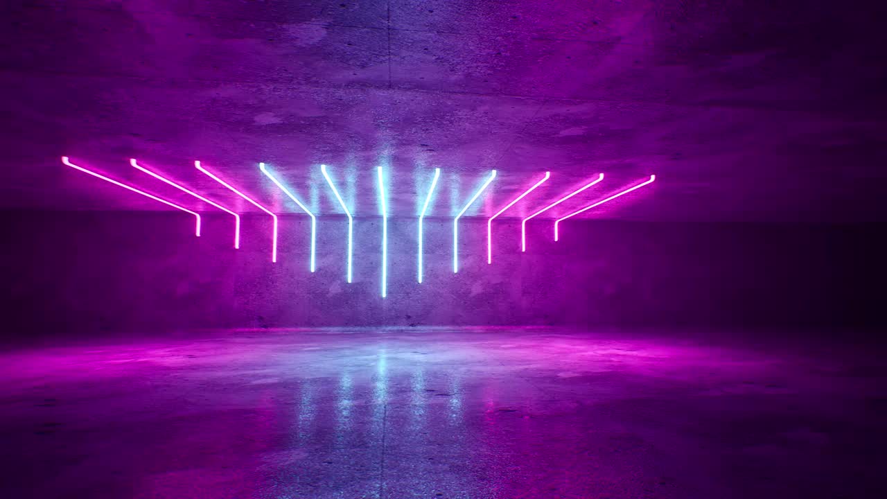 Futuristic Sci Fi Dark Empty Room With Blue And Purple Neon Glowing Line Tubes On Grunge Concrete Floor With Reflections 3D Rendering