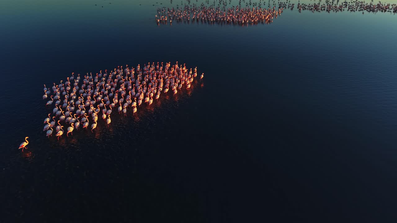 Flamingos gather in large numbers at a lake during sunset near a wetland
