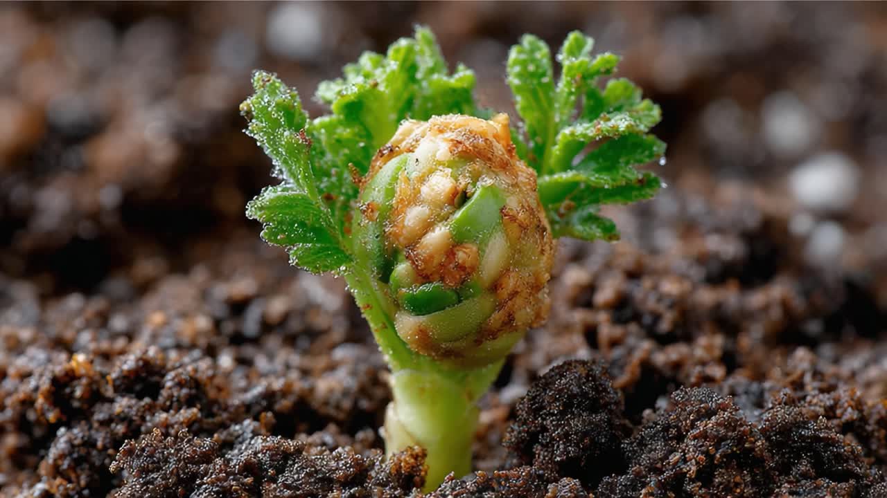 The Journey of a Sprouting Seedling: Captivating Close-Up of a New Plant Emerging from Rich Soil, Showcasing Nature's Incredible Growth and Resilience