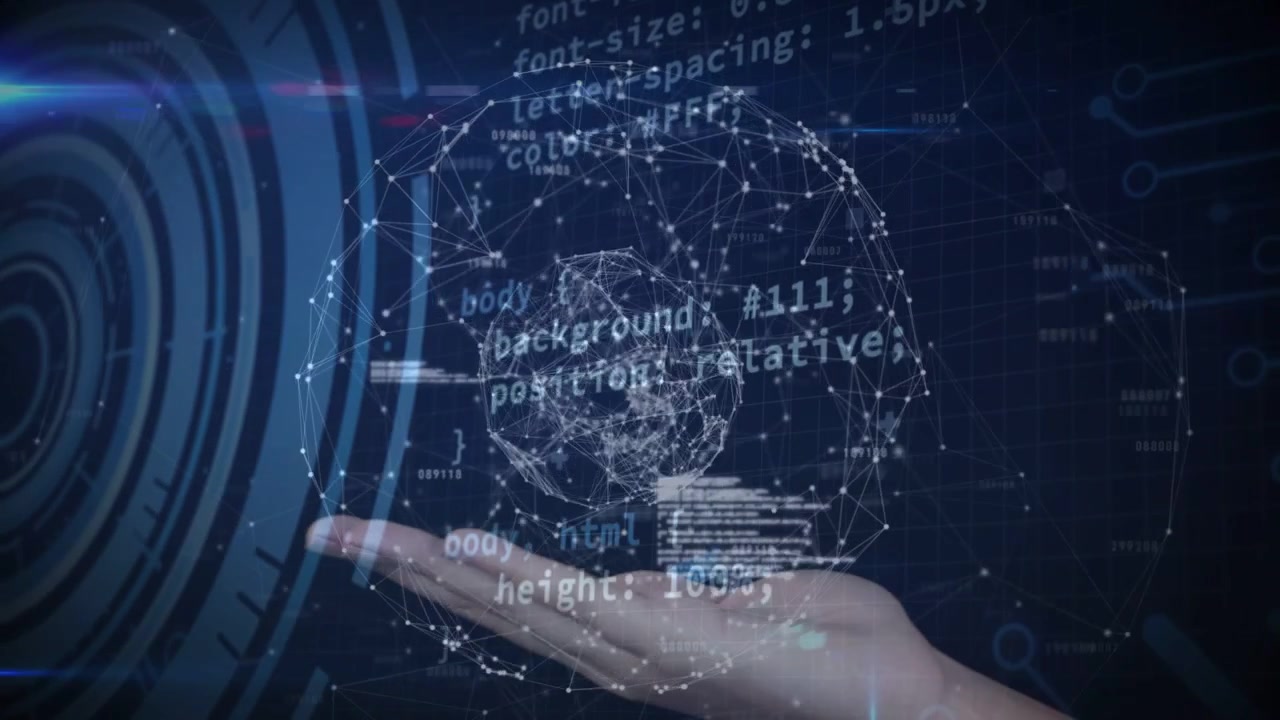 Palm entering frame, holographic wireframe sphere forming and rotating above palm for showing data