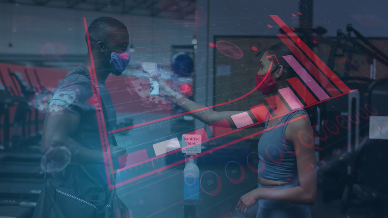 Coronavirus statistical data processing against woman measuring temperature of man at the gym