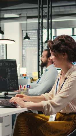 vertical video pleased finance advisor celebrating global market trends progress