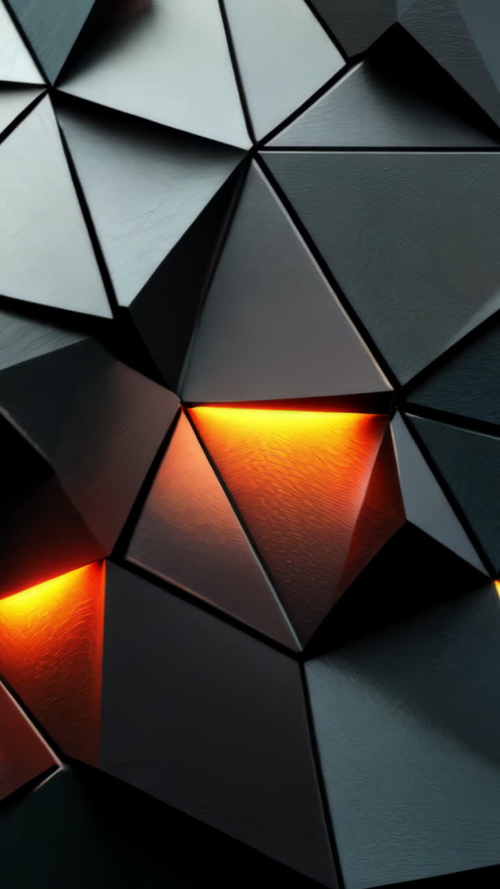 A black and orange abstract wall with many triangles. The triangles are lit up with orange light. The wall is made up of many small triangles, and the overall effect is a modern and edgy design