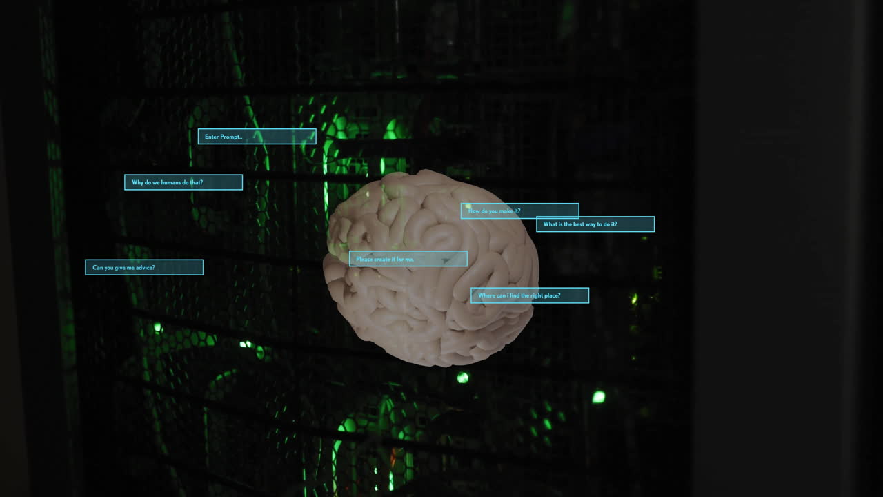 Animation of human brain and ai data processing on black background