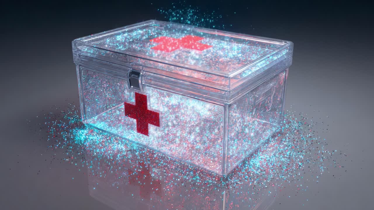A futuristic depiction of a medical first aid kit, shimmering with vibrant particles, highlighting its role in emergency care and health support through innovative design and technology