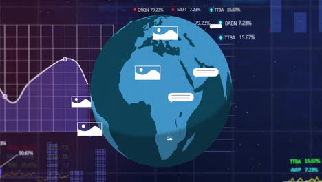 animación de un texto, globo y procesamiento de datos digitales sobre un fondo negro