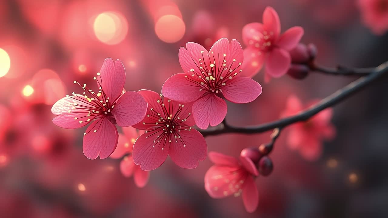 Cherry blossoms bloom in vibrant colors. Delicate pink cherry blossoms are in full bloom, showcasing their beauty against a soft blurred background.