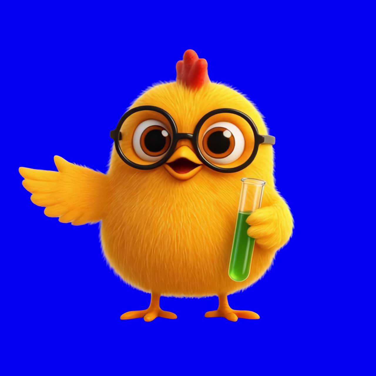 Cute cartoon chick scientist animation, transparent 4K video, green screen