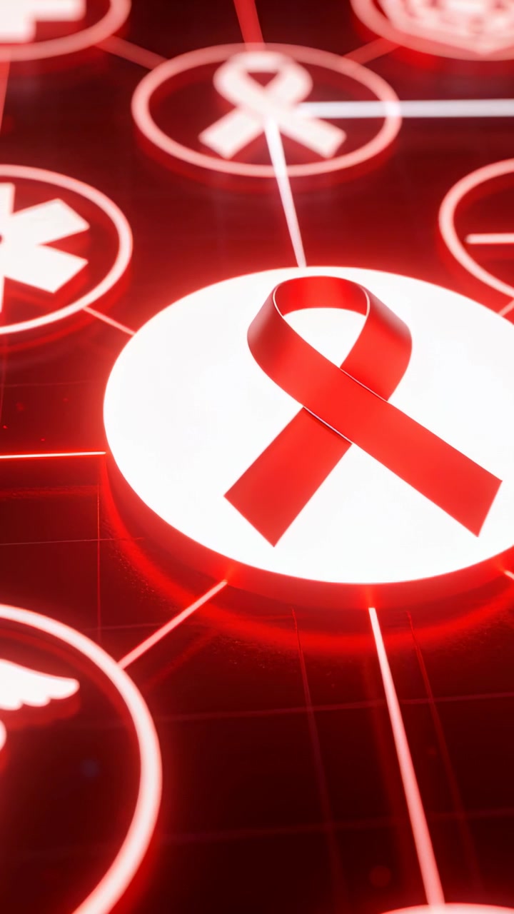 Vidéo verticale : Inclinaison de caméra dévoilant un ruban rouge lustré sur un nœud blanc, affichant des icônes médicales