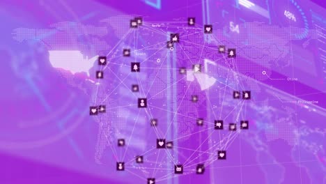 animación del globo con conexiones y procesamiento de datos sobre fondo púrpura