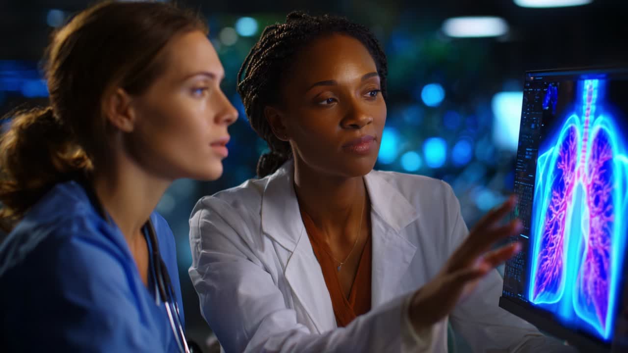 Medical Professionals Analyzing Lung Imaging Together: A Dynamic Interaction Between Two Female Doctors in Modern Healthcare Settings Focused on Patient Diagnosis and Treatment Options with Advanced Technology