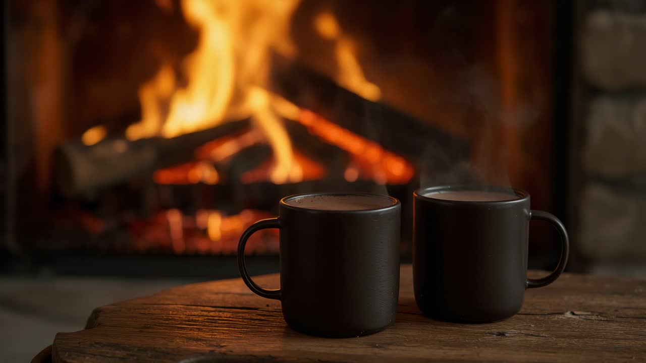Flickering flames making ceramic mugs cast shadows on wooden table by fireplace conveying warmth