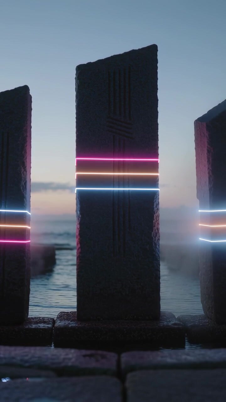 Vertikal video: Pulserende central stenplade der udsender neonbånd ved kystplatform