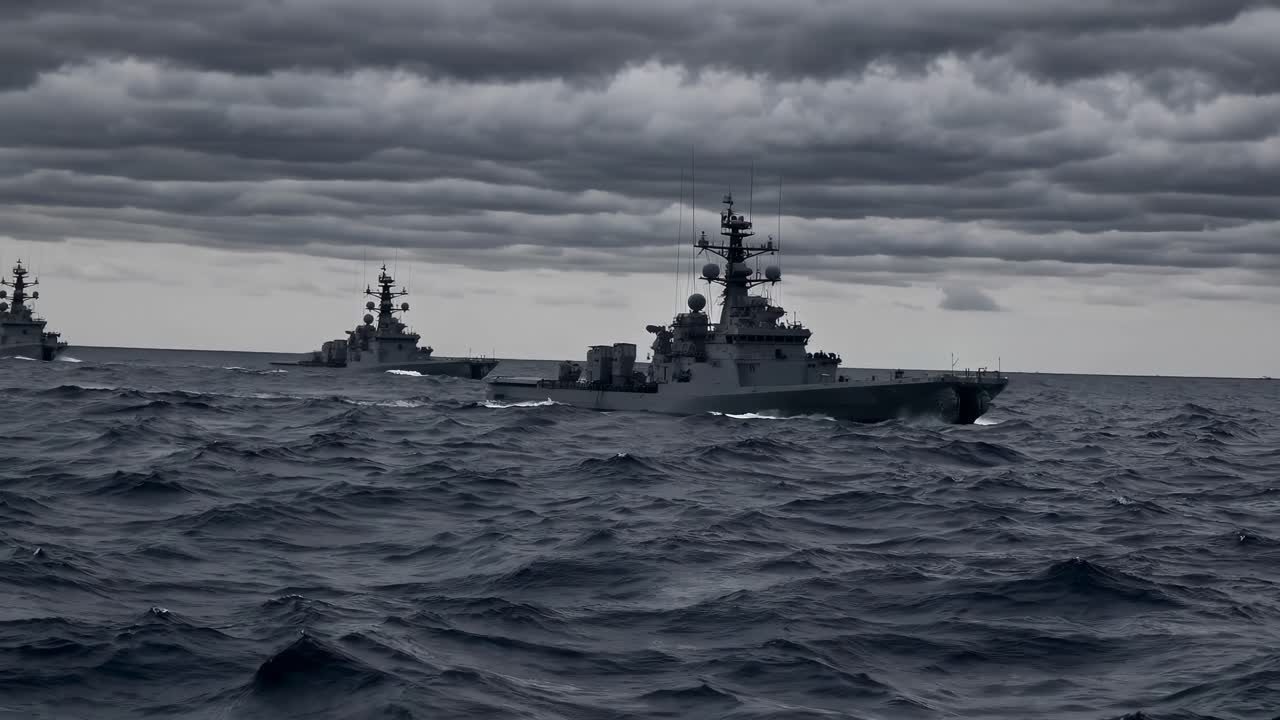 Dramatic naval scene with warships on a stormy sea, captured from a low-angle, evoking a tense