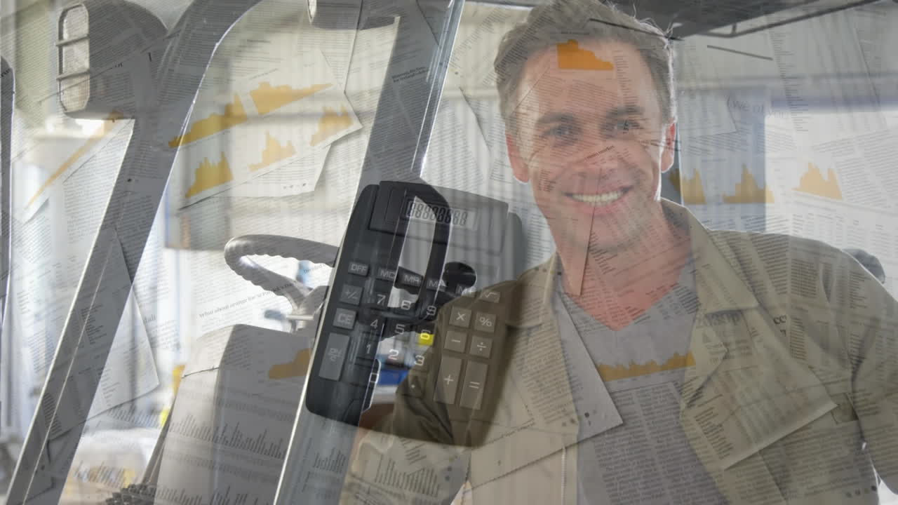 animación de la calculadora cayendo en los informes sobre el conductor caucásico sonriente bajando de la carretilla elevadora.