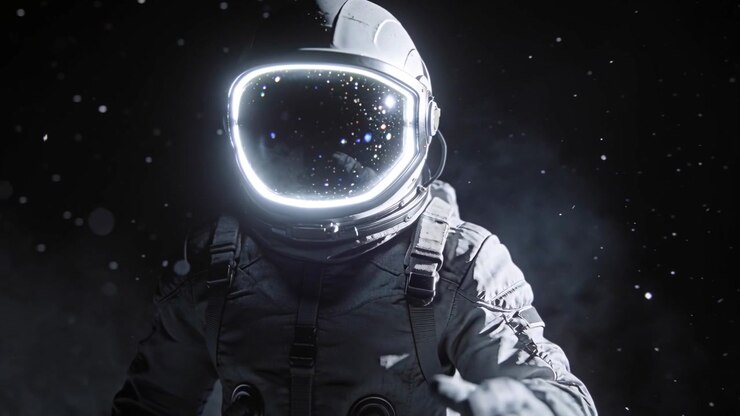 Camera closing in, astronaut in spacesuit turning helmet, reaching in space with glowing visor