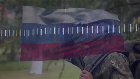 animation of data processing over flag of russia and caucasian male soldier