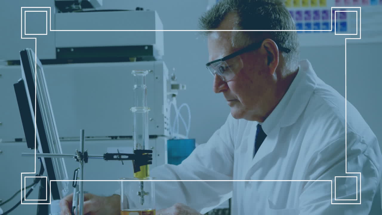 Conducting experiment, scientist in laboratory with glass equipment and protective eyewear