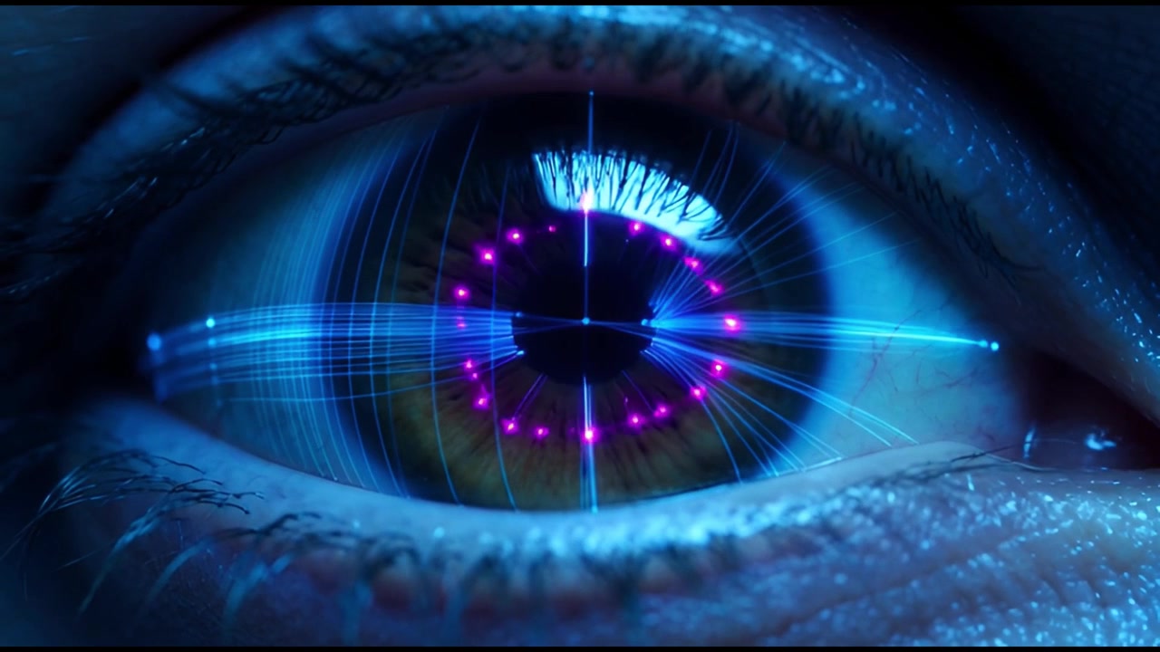 Close-up of Human Eye with Futuristic Digital Network and AI Data
