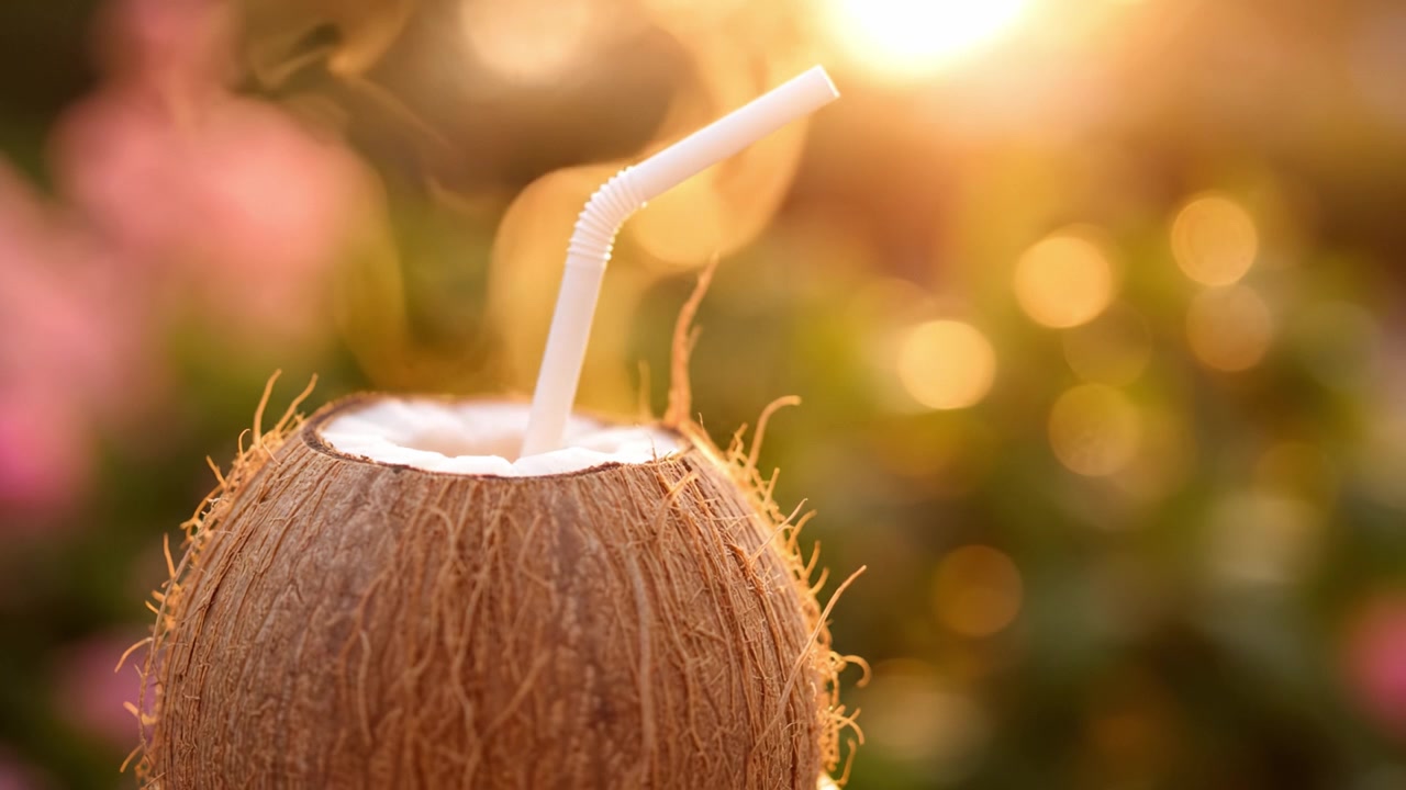 Refreshing Coconut Drink with Straw in Nature, Captured in Beautiful Lighting During Sunset, Perfect for Summer Moments and Tropical Relaxation