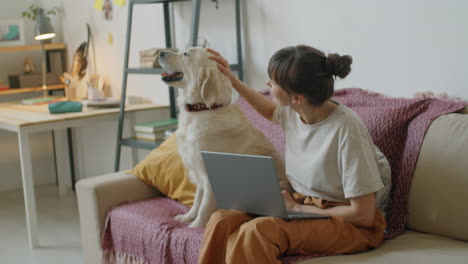 Woman-Sitting-with-Laptop-on-Sofa-and-Petting-Dog