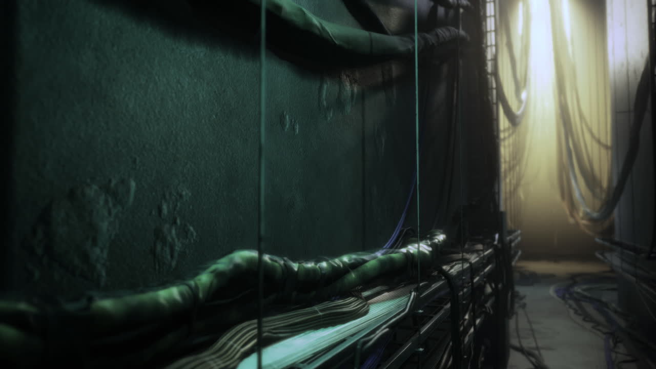 Dark corridor with cables and mysterious light shining at the end