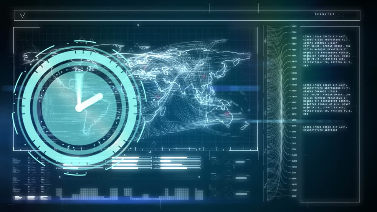 파란색 배경에 대한 데이터 처리 인터페이스를 통해 네온 티킹 시계의 애니메이션