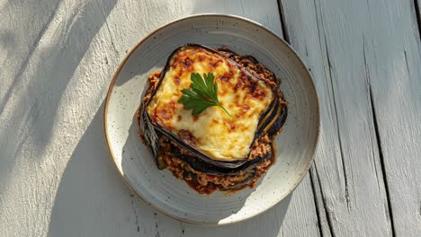 Delicioso-Plato-De-Musaca-Griega-Sobre-Una-Mesa-Blanca-Rústica