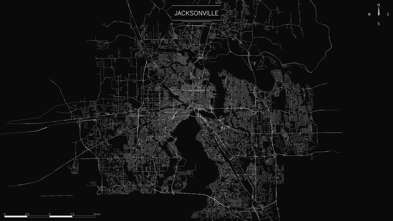 street grid map of Jacksonville, Florida on a black background, minimalist digital animation with flowing traffic lights