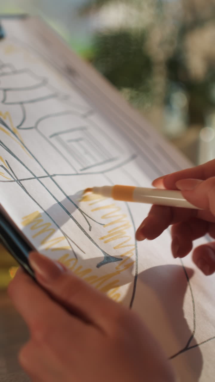 Closeup hands highlighting architectural sketch on clipboard warm sunlight studio focus. Yellow highlighter fills facade shapes while steady fingers hold clipboard paper texture and ink lines show