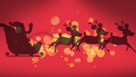 Animation-of-santa-claus-in-sleigh-with-reindeer-over-red-background