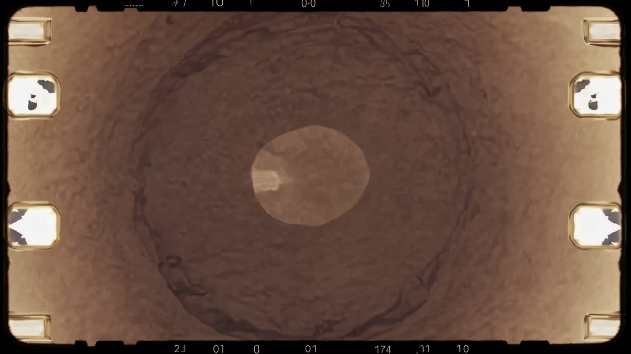 Vintage film reel video effect with a top-down angle, showcasing a sepia-toned texture and frame