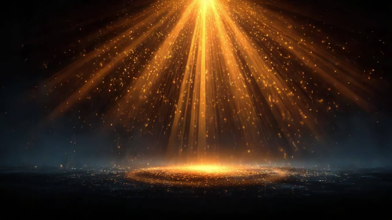 Uno spettacolo mozzafiato di luce radiosa e particelle scintillanti che emanano da una fonte centrale, creando un'atmosfera magica circondata dall'oscurità