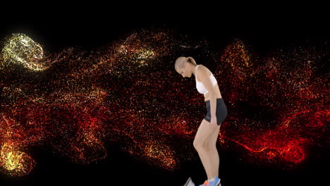 animation of glowing red particles and female runner getting onto starting blocks