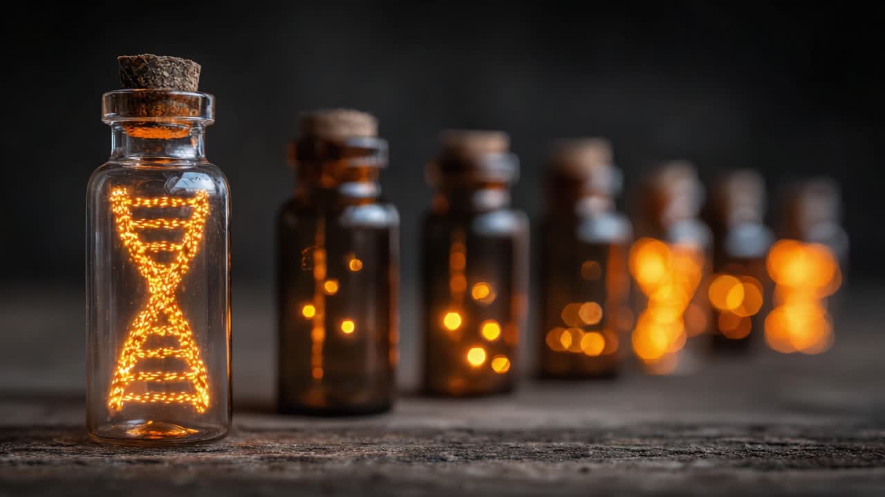 A mesmerizing display of illuminated glass bottles showcasing glowing DNA helix designs, highlighting the beauty of science and nature's intricate patterns in a captivating setting