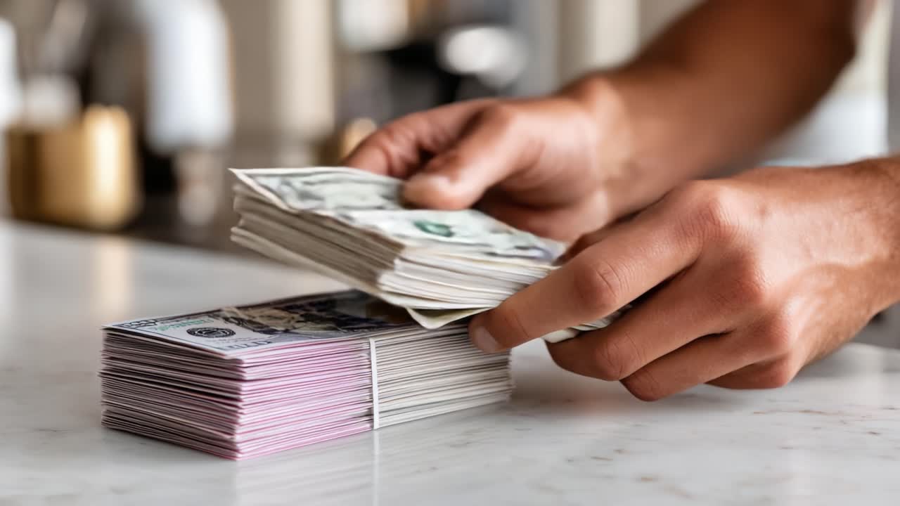A close-up view of hands meticulously counting stacks of cash, showcasing the value and importance of money management in daily life, with different denominations visible in the frame