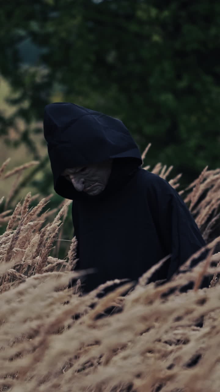Scary figure with horrorful face outdoors. Ghost in black cloak walking in wheat field. Spooky death among nature. Halloween concept. Vertical video