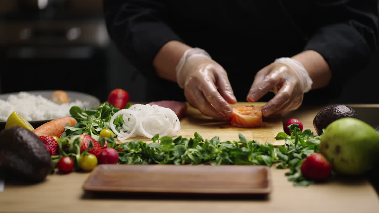 Chef Preparing Fresh Seafood and Ingredients for Sushi