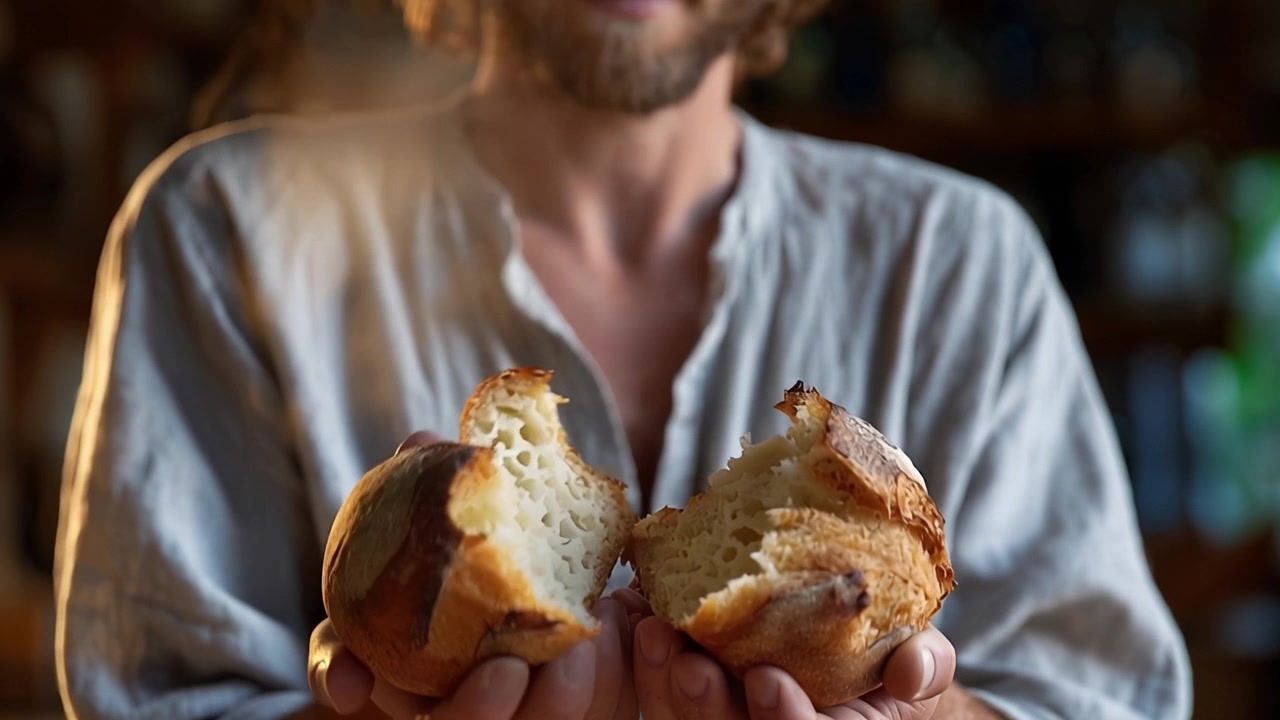 Man Breaking Fresh Homemade Sourdough Bread
