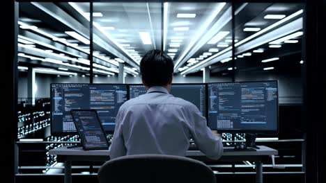 back view of asian male programmer with a tablet writing code by desktops using multiple monitors showing database on terminal window in the server room